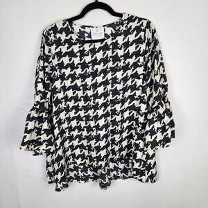 La Roque Bell Sleeve Hounsdtooth Print 100% Silk Blouse ONE SIZE